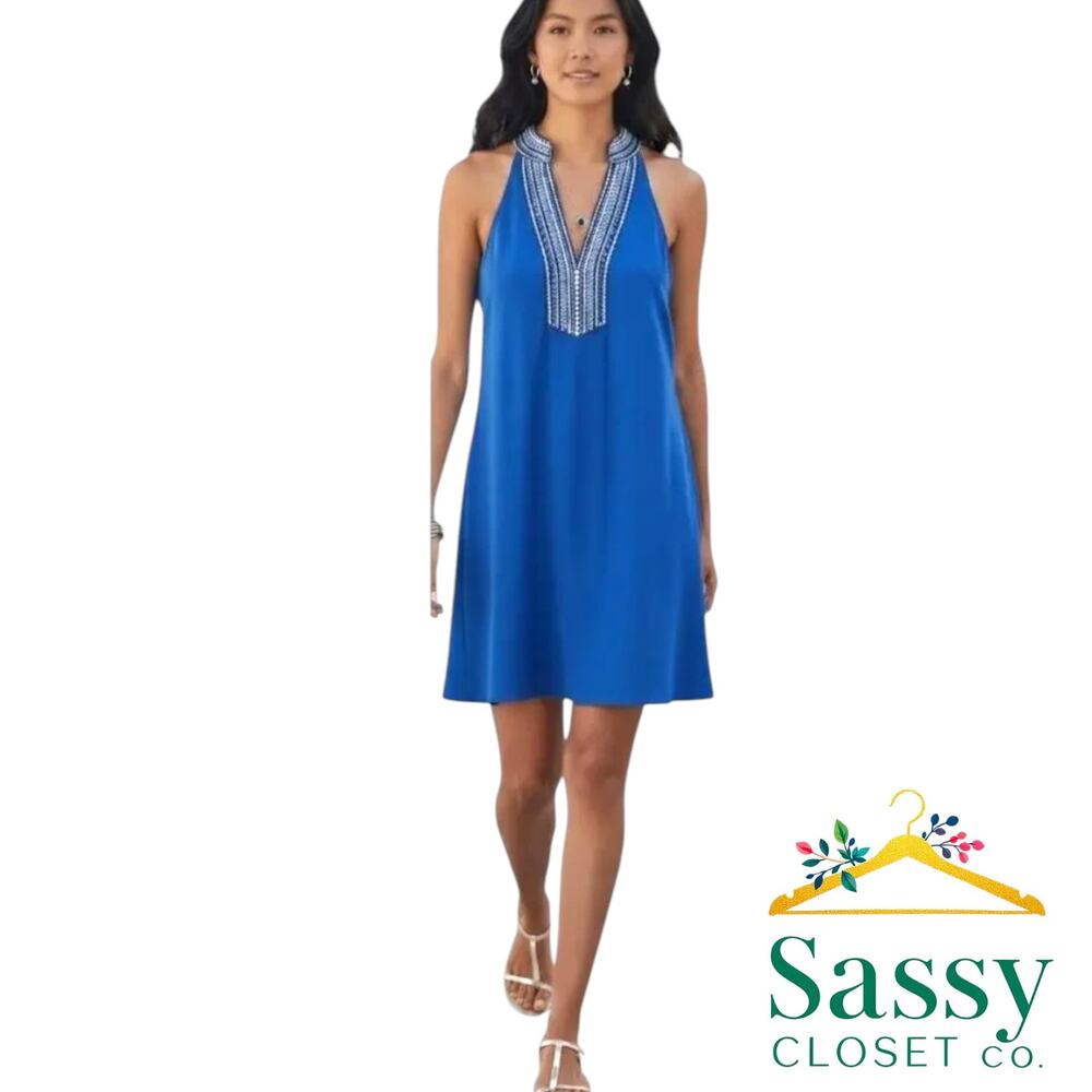 WHBM Blue Beaded Halter Dress SP Petite Embroidered Resort Knit Summer